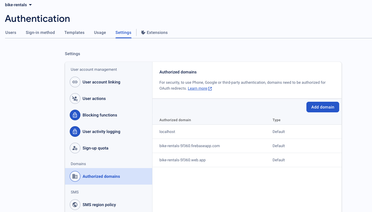 Firebase authorized domains settings