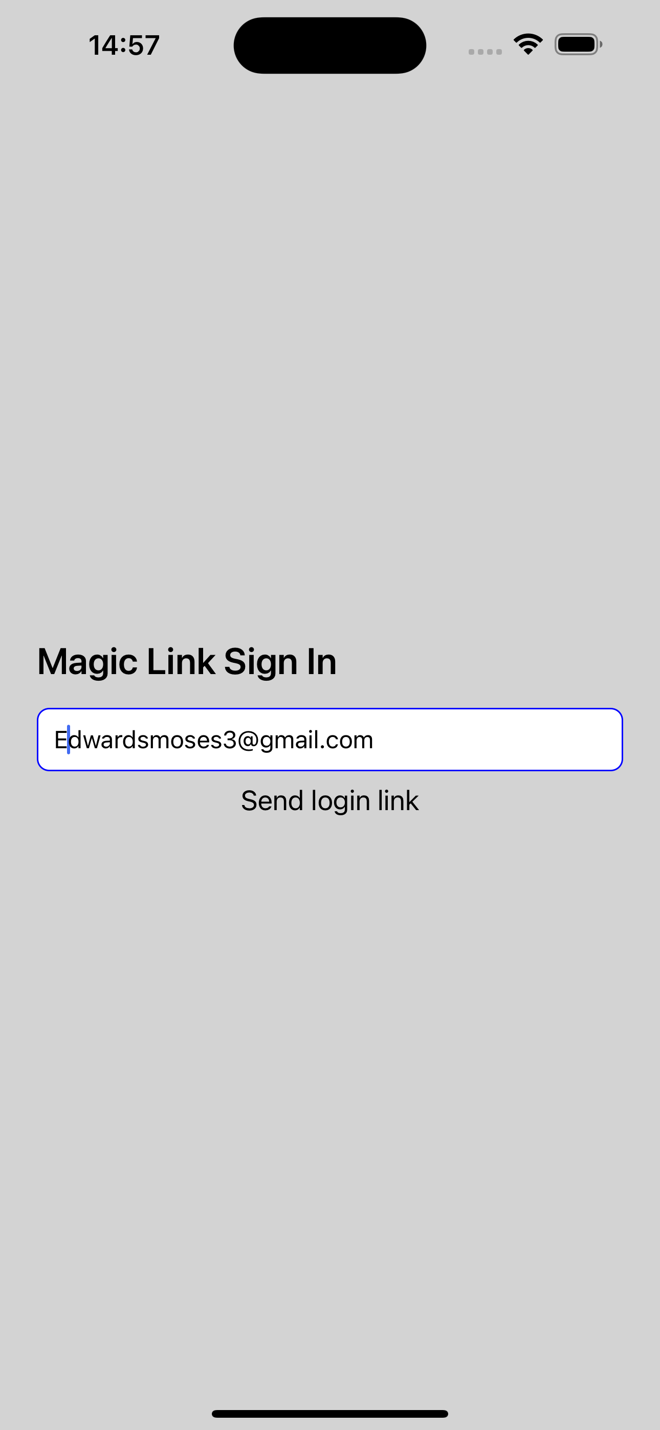 The React Native app before signing in with a Firebase magic link