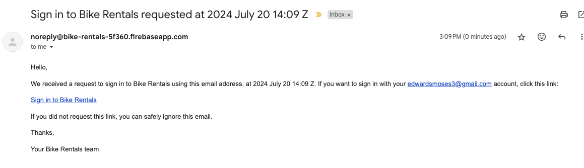 The Firebase magic-link email received on an iPhone