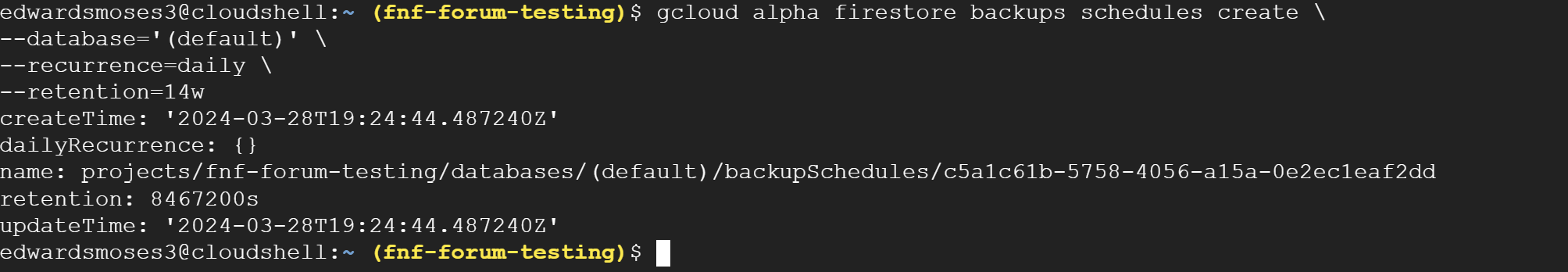 Firestore backup schedule creation output