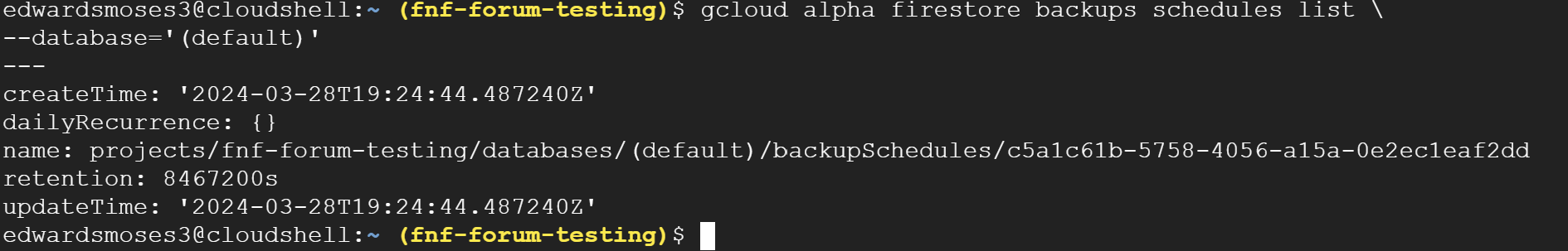 Firestore backup schedule list output