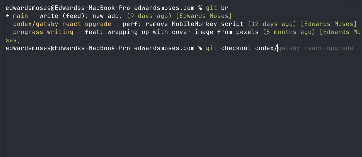Git branch completion and an inline command suggestion in Ghostty