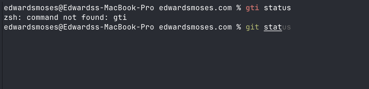 A mistyped command highlighted in red and a valid Git command highlighted in Ghostty