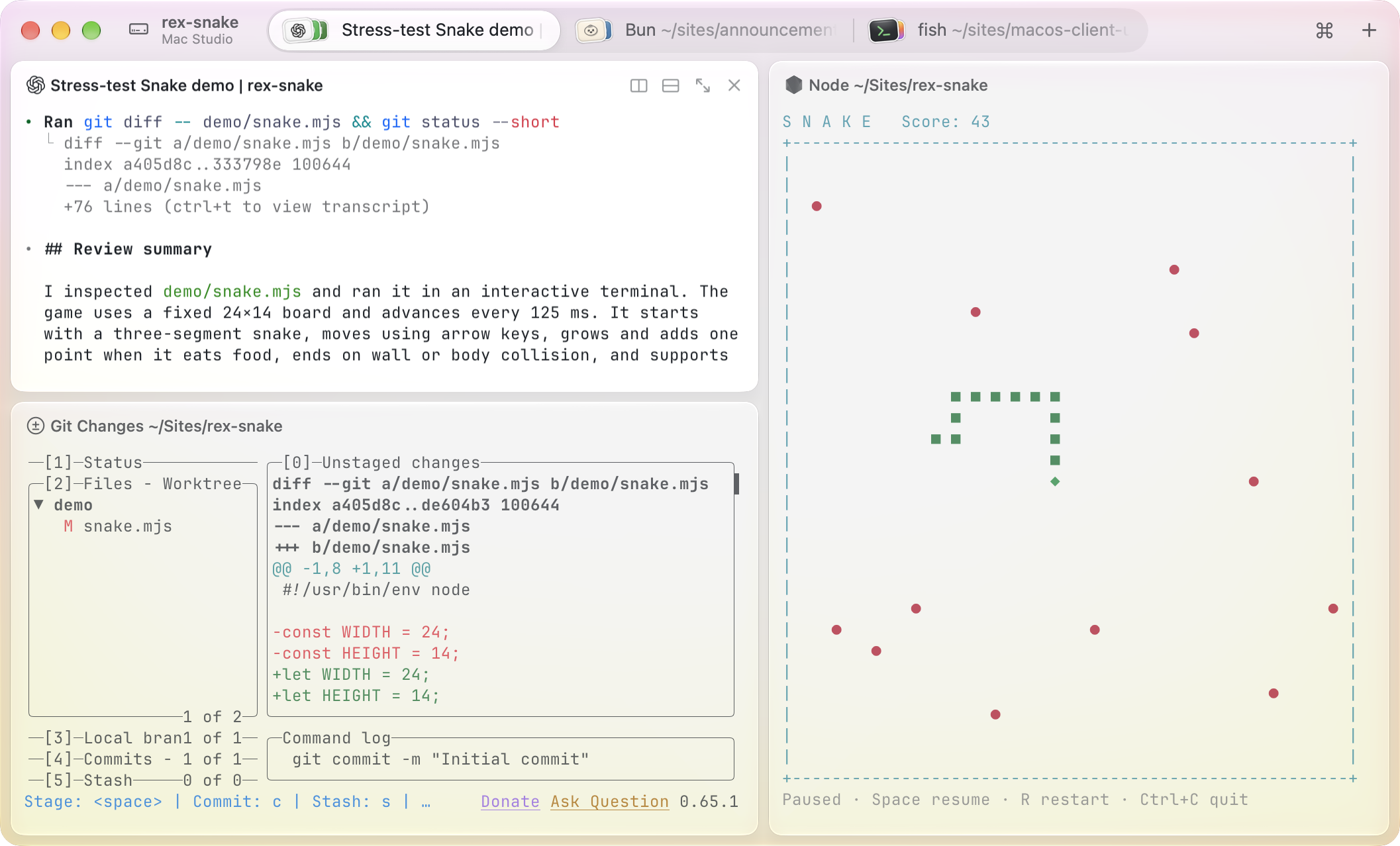 Rex with Codex reviewing code, lazygit showing a diff, and a Snake game in three split panes